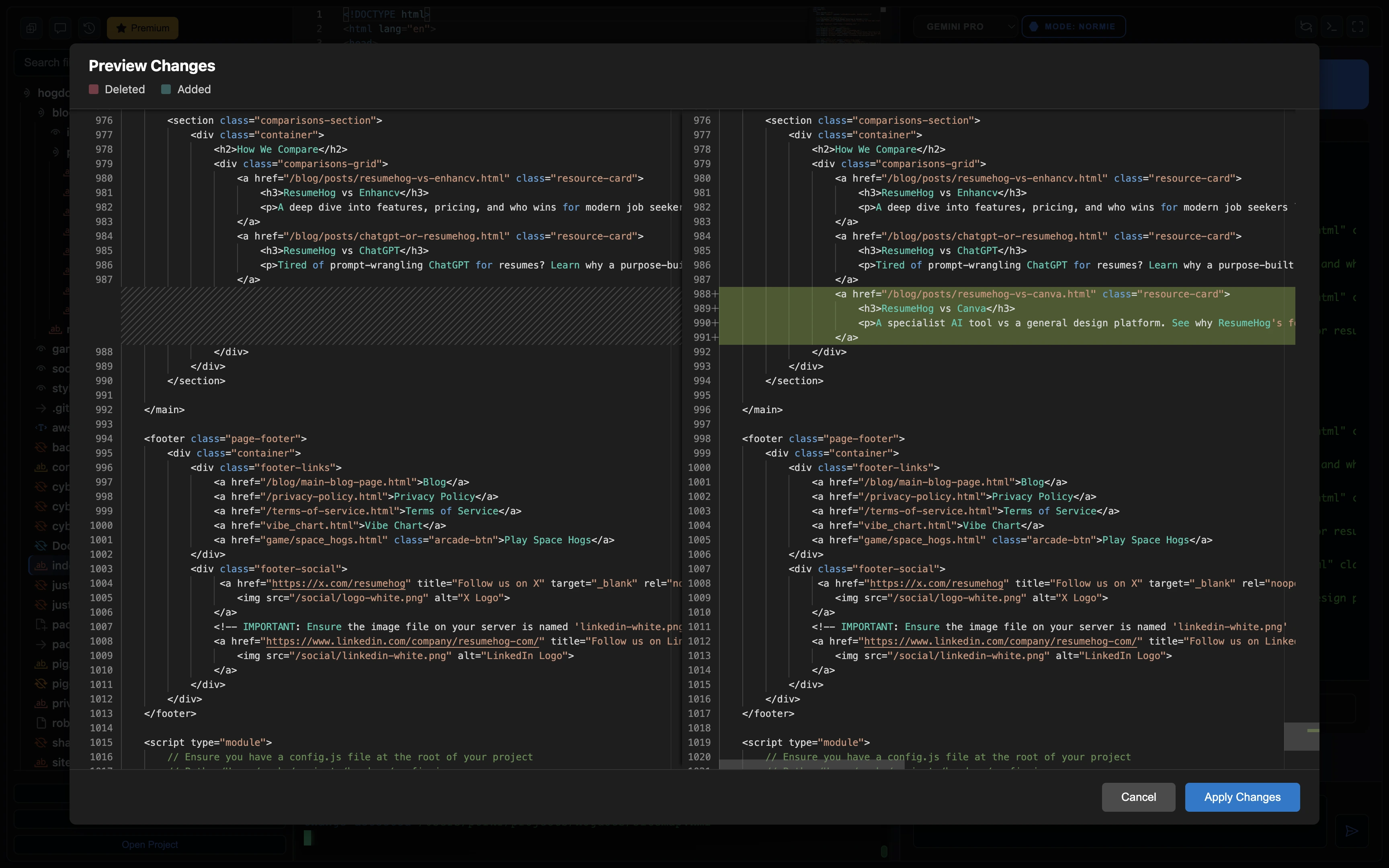 Side-by-side code comparison view in PorkiCoder, highlighting changes for easy review.